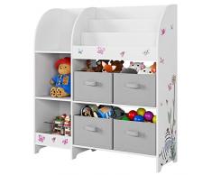 HOCSOK Scaffale Portagiochi Bambini, Scaffale Portaoggetti Multifunzionale, con 4 Cassetti in Stoffa, adatto per Cameretta, Soggiorno, Bianco, 92.2x30x100.2cm