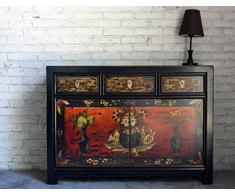 OPIUM OUTLET Credenza Cassettiera Comò Cinese Vintage Shabby-Chic Orientale coloniale in Legno di Pino