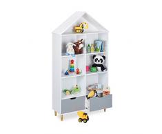 Relaxdays Scaffale Portagiochi, a Forma di Casa, 7 Scomparti, per Libri e Giocattoli, HxLxP: 161x87x30 cm, Bianco Grigio