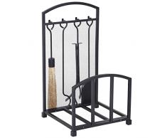 homcom Portalegna da Interno ed Esterno in Metallo con Ganci e 4 Attrezzi per Camino Inclusi, 39x39x68cm, Nero