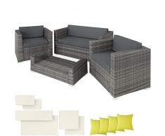 TecTake 800904 Set di Mobili Rattan, Divano + Poltrona + Tavolo, Arredamento da Giardino, 2X Set di Rivestimenti per Cusci, 4 Cuscini Extra, Viti in Acciaio Inox (Grigio)