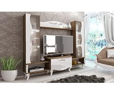 Parete Attrezzata Soggiorno con 2 Vetrine 2 Ripiani 1 Mensola 1 Anta a Ribalta Mobile TV Parete Attrezzata Moderna Bianco Lucido e Noce Chiaro o Rovere Chiaro e Viola Lucido SU4 (Bianco e Noce Chiaro)