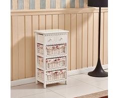 OSPI® Shabby Chic in Legno Armadio, cassettiera con 2 cassetti e 3 cesti in Vimini Bianco.