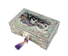 Portagioielli Ciondoli Souvenir Oggetti Preziosi Porta Orecchini Braccialetti Anelli In Legno Laccato e Madreperla Con Design Uccelli E Pini Contenitore Con Specchio Scrigno Con Serratura