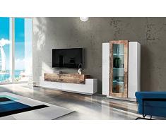 Dmora Parete attrezzata da Soggiorno modulare, Made in Italy, con Luce LED, Base Porta TV e vetrina, Set Salotto Moderno, cm 290x45h121, Colore Bianco Lucido e Acero