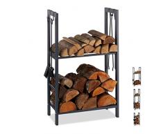 Relaxdays Scaffale Porta-Legna con 2 Ripiani, 4 Ganci per Gli Accessori da Camino, Acciaio, Antracite, 100 x 60 x 30 cm