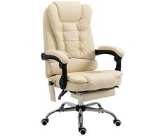 Vinsetto Poltrona Massaggiante Girevole ed Ergonomica ad Altezza Regolabile con 6 Punti Vibranti, 65x160x104 cm, Crema