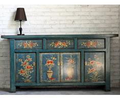 OPIUM OUTLET Grande Credenza Cassettiera Comò Cinese. Mobile Asiatico Vintage Shabby-Chic Orientale coloniale in Legno di Pino