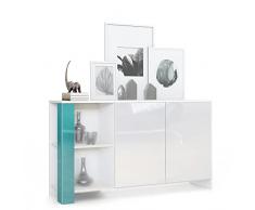 Vladon Credenza Canto, credenza lunga a 2 ante e 6 vani, mobile bianco opaco, frontali bianchi lucidi, pannelli decorativi petrolio lucido (143 x 81 x 36 cm)