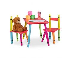 Relaxdays Set Tavolino e Sedie Bambine, Tavolo Basso con 2 Sedioline, in MDF e Legno di Pino, Colorato, 80% Fibra 20%