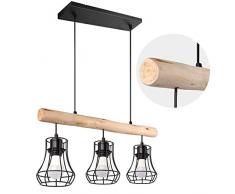 Lampadario a Sospensione da soffitto a 3 luci Pendenti – Design rétro/Vintage in Legno e Metallo – Compatibile con lampadine E27 | Lampadario Industriale la Cucina, Soggiorno, Corridoio