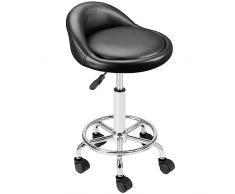 BAKAJI Sgabello con ruote, Seduta imbottita e Schienale Basso in Ecopelle, Base con Poggiapiedi in Acciaio Girevole a 360°, Altezza regolabile, ideale per estetista, Bar, Cucina, Ristoranti, (Nero)