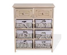 Rebecca Mobili Credenza Mobile Multiuso 2 Cassetti 6 Ceste Legno Paulownia Vimini Beige Country Rustico Bagno Cucina (cod. RE4027)
