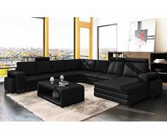 Divano angolare panoramico in pelle, 10 posti, colore: Nero