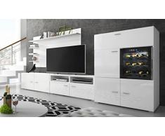 Home innovazione - Mobile soggiorno - Parete da soggiorno con Cantinetta La Sommeliere per vino, bianco mate e bianco laccato, dimensioni 295 x 57/40 x 175 cm di altezza.