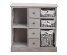 Rebecca Mobili Credenza Cucina, cassettiera Bagno Legno e Vimini, 4 cassetti 3 ceste, Grigio, Shabby Country - Misure: 73,5 x 73 x 32 cm (HxLxP) - Art. RE4016