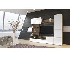 Parete Attrezzata Soggiorno Moderne Mobile per TV Ante Apertura PUSH Ripiani Sportelli a Cubo Mobile Soggiorno Bianco Laccato e Rovere Scuro SILB