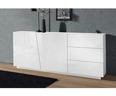 Dmora Credenza moderna a 2 ante e 3 cassetti, Made in Italy, Madia da cucina, Buffet di design da soggiorno, cm 180x43h86, colore Bianco lucido