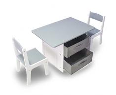 BAKAJI Set Tavolo e Sedie per Bambini in Legno Bicolore, Tavolino Portagiochi con Piano Gioco, Due Cassetti Contenitori e 2 Sgabelli, Mobili Robusti Ideali per Cameretta, Camera Giochi, Idea Regalo