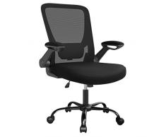 SONGMICS Sedia da Ufficio, Girevole, di Rete, da Computer Ergonomica, Supporto Lombare Imbottito, Funzione Oscillante, Seduta 53 cm, Braccioli Pieghevoli, Nero OBN37BK