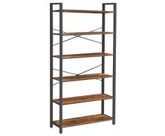 VASAGLE Libreria Alta con 6 Ripiani, Scaffale Portaoggetti con Struttura in Acciaio, Scaffalatura, Salotto Camera da Letto Studio, 30 x 80 x 186 cm, Stile Industriale, Marrone Vintage e Nero LLS082B01