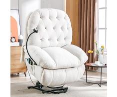 Merax Poltrona relax elettrica con supporto per cellulare, in pile Teddy, con funzione di riposo, funzione di massaggio, funzione di riscaldamento, poltrona reclinabile con telecomando, colore bianco