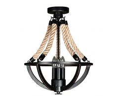 Retrò Ferro Battuto Corda di Canapa Lampadario Metallo Nero Opaco Industriale Lampada a Sospensione E14 Paralume Soggiorno Ristorante Illuminazione (3 lampade)
