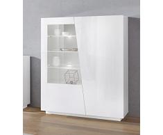 Dmora Vetrina moderna con anta a vetro, Made in Italy, con luce LED bianca, Credenza con ripiani, Vetrinetta da soggiorno, cm 120x43h146, colore Bianco lucido