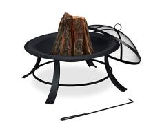 Relaxdays Braciere da Esterno, con Parascintille, Griglia e Attizzatoio, Stufa per Giardino e Terrazzo, Ø 75 cm, Nero, 100% Acciaio