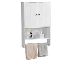 Yaheetech Armadietto/Mobiletto Bagno Sospeso Bianco Cucina Salvaspazio Pensile da Parete con 2 Ante Ripiano Regolabile Asta Porta Asciugamani 73 x 48,5 x 14 cm