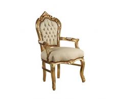 Poltrona Barocco - Stile Luigi XIV° - Sedia in Mogano Oro e Eco Pelle Beige
