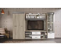 Parete Attrezzata Soggiorno Moderna Mobile Soggiorno Cristalliera con Anta Ripiani Mensole Mobile TV Rovere Chiaro Bianco Lucido PAI7