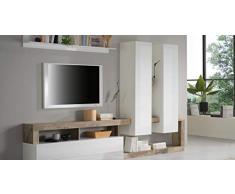 Web Convenienza Parete TV Hamburg Bianco Lucido Attrezzata - Mobile Televisore in Legno con Pensili ad Ante a Ribalta Moderno (1 Pensile, Pero)