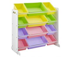 SONGMICS Scaffale per Giocattoli, Mobiletto Multi-Ripiano per Bambini con 12 Scatole in Plastica Rimovibili, Telaio Bianco, Multicolore GKR04KL