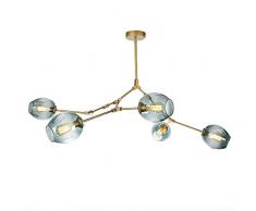 CCSUN Nordico E27 Sfera Di Vetro Sputnik Lampadario, 5-luci Branching Lampada A Sospensione Soffiato A Mano Paralume Vetro Bubble Vintage Antico Globo Lampadario Illuminazione-blu Doro