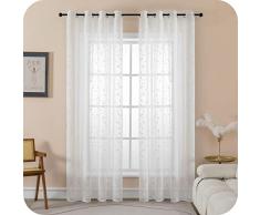 GIRASOLE HOME® Coppia Tende Filtranti in Simil Lino Fantasia Rampicanti Tenda per Interni 2 Pannelli con Occhielli (Bianco, 140x280cm)