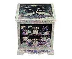 Portagioielli Ciondoli Souvenir Oggetti Preziosi Porta Orecchini Braccialetti Anelli con Cassetti in Legno Laccato e Madreperla con Design Gru Pini Contenitore Scrigno