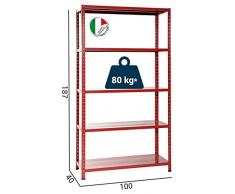 GRIMA SCAFFALE in METALLO a Bulloni in KIT con 5 Ripiani, Misure (cm): 100 x 40 h.187 Colore: ROSSO Portata Tot.: 400 Kg