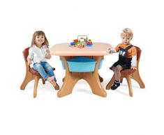 Goplus Set di Tavolo con 2 Sedie per Bambini con 4 Contenitori, Tavolino e Sgabelli in Plastica, Robusto e Facile da Pulire, Facile Montaggio (Marrone)