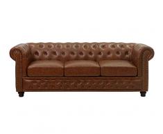 KMH Accogliente divano a 3 posti Chesterfield con rivestimento in similpelle marrone anticato, comodo divano imbottito, design vintage, divano da ufficio