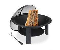 Relaxdays Braciere con Protezione Parascintille, D:73 cm, Giardino & Terrazza con Attizzatoio, Camino da Esterno, Nero