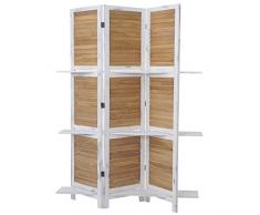 Mendler Paravento divisore con Ripiani Yvelines T752 3 Pannelli Legno paulonia Naturale Bianco