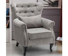 BAKAJI Poltrona Sedia Relax Rivestimento in Tessuto Lino Struttura in Legno 4 Gambe Imbottita Design Moderno Provenzale Decorazione Trapuntata Ampio Schienale Dimensione 79 x 78 x 87 cm (Grigio)