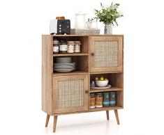 COSTWAY Credenza con 2 Ante in Rattan Naturale, Mobiletto Multiuso in Stile Boho con 4 Scomparti Aperti, Mobile da Cucina, Sala da Pranzo e Soggiorno, Naturale, 80 x 29,5 x 97 cm