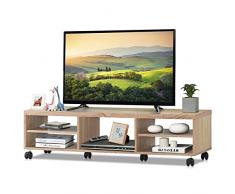 Giantex Mobile TV in Legno con 5 scomparti e 6 Ruote, Mobile Porta TV Soggiorno Industriale di Alta Qualità con Ampio Spazio, 150x32x40 cm, 2 Colori (naturale)