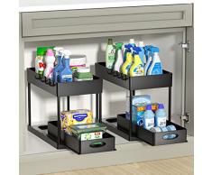 Coovee Organizer Sottolavello Cucina 2 Livelli,Scaffale Estraibile,Scaffale Cucina con 4 Ganci,Organizer lavello Cucina Organizer Cucina, Nero-2 Pezzi