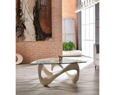STONES HOME FURNITURE, Tavolino Salotto Moderno con Base in Pietra Fossile White Agata e Top in Vetro Triangolare, Modello Tetris, Colore Beige, 100 x 100 x h 42 cm