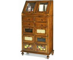 Dispensa Madia, per Cucina, Arte Povera, Pioppo, 4 Cassetti, 6 Cassettoni e 2 Ante in Vetro colore Noce scuro - Mis. 80 x 42 x 153 cm.