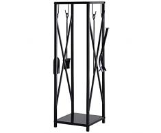 Outsunny Portalegna da Interno ed Esterno Salvaspazio in Metallo con Paletta, Scopino, Attizzatoio e Pinza, 34x34x111cm, Nero