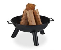 Relaxdays Braciere da Giardino e Terrazza, Caminetto con 44 cm Diametro, 3 Piedi, Camino Outdoor, Rotondo in Ferro, Nero